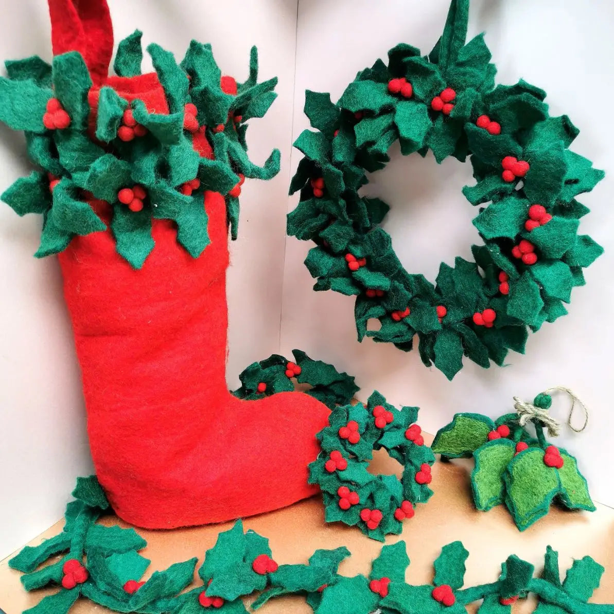 Handmade Felt Ornament - Holly Wreath