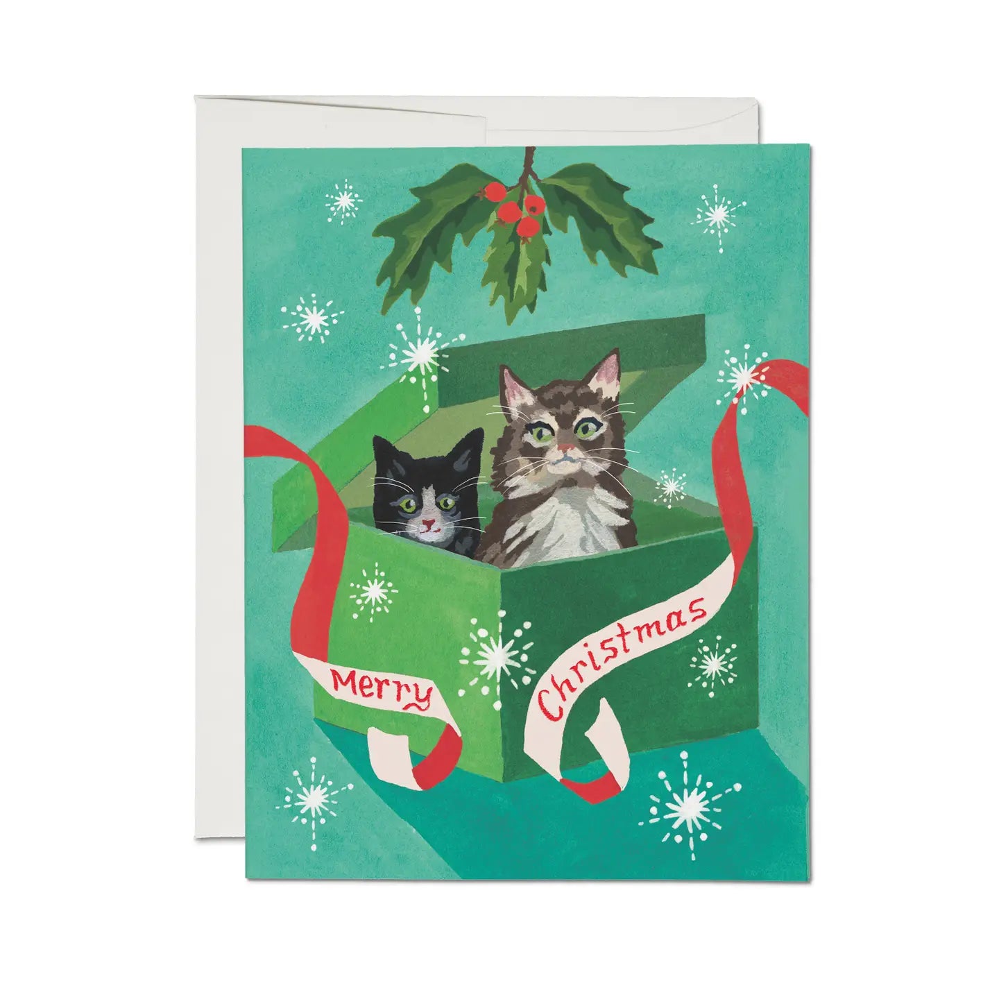 Red Cap Cards Greeting Card - Meowy Christmas