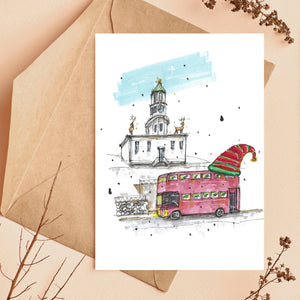 Downtown Sketcher Greeting Card - Halifax Clock Tower Elves On Antique Bus