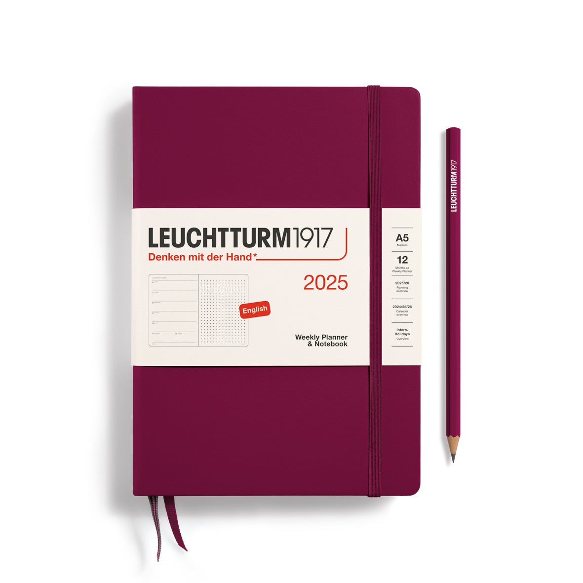 LEUCHTTURM1917 2025 A5 Weekly Planner With Dot Grid Notes - Port Red, Hard Cover