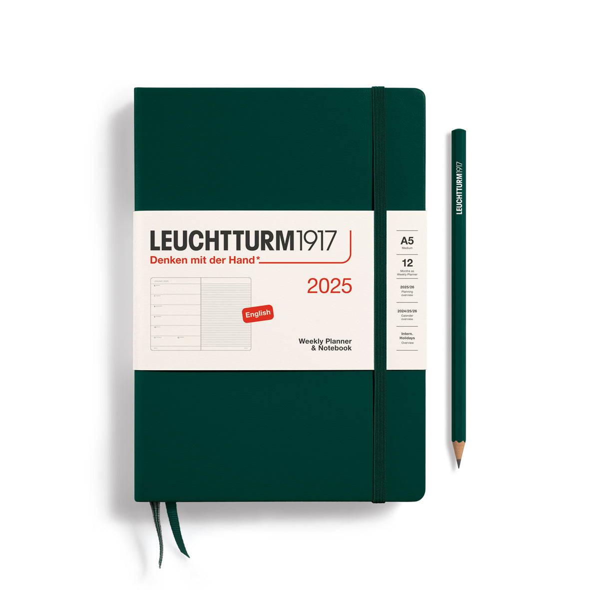 LEUCHTTURM1917 2025 A5 Weekly Planner With Lined Notes - Forest Green, Hard Cover