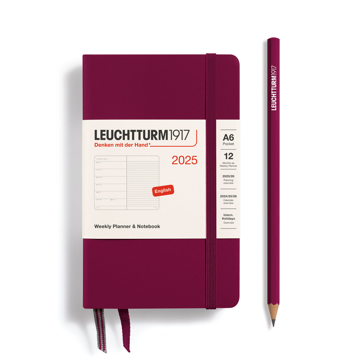 LEUCHTTURM1917 2025 A6 Weekly Planner With Lined Notes - Port Red, Hard Cover