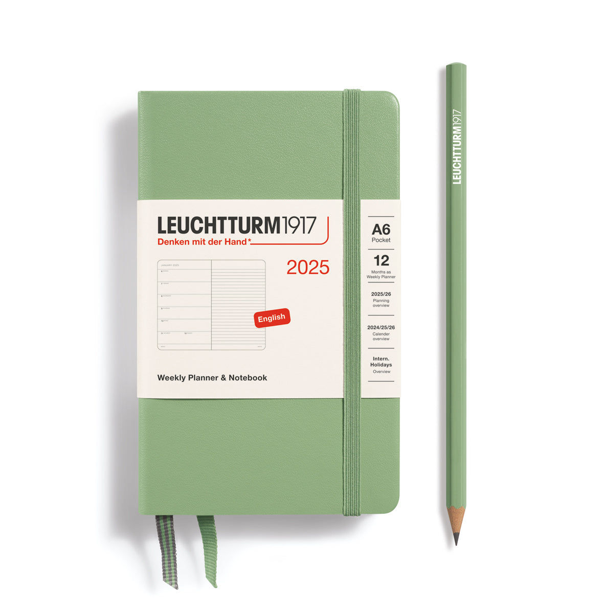 LEUCHTTURM1917 2025 A6 Weekly Planner With Lined Notes - Sage, Hard Cover